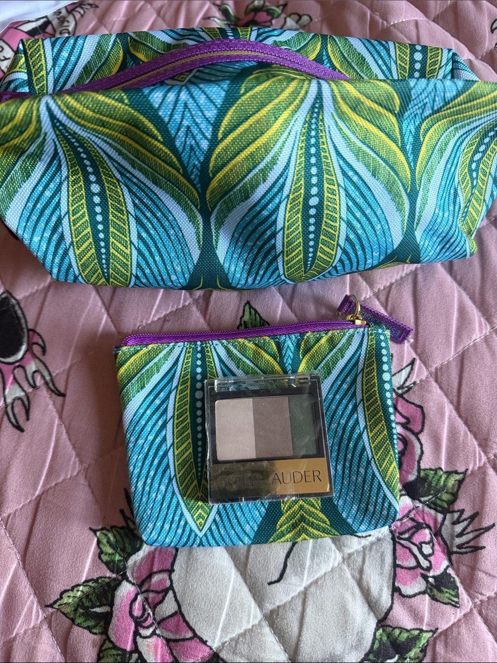 Estee Lauder Teal, Green and Purple Leaf Print Makeup Pouch Set